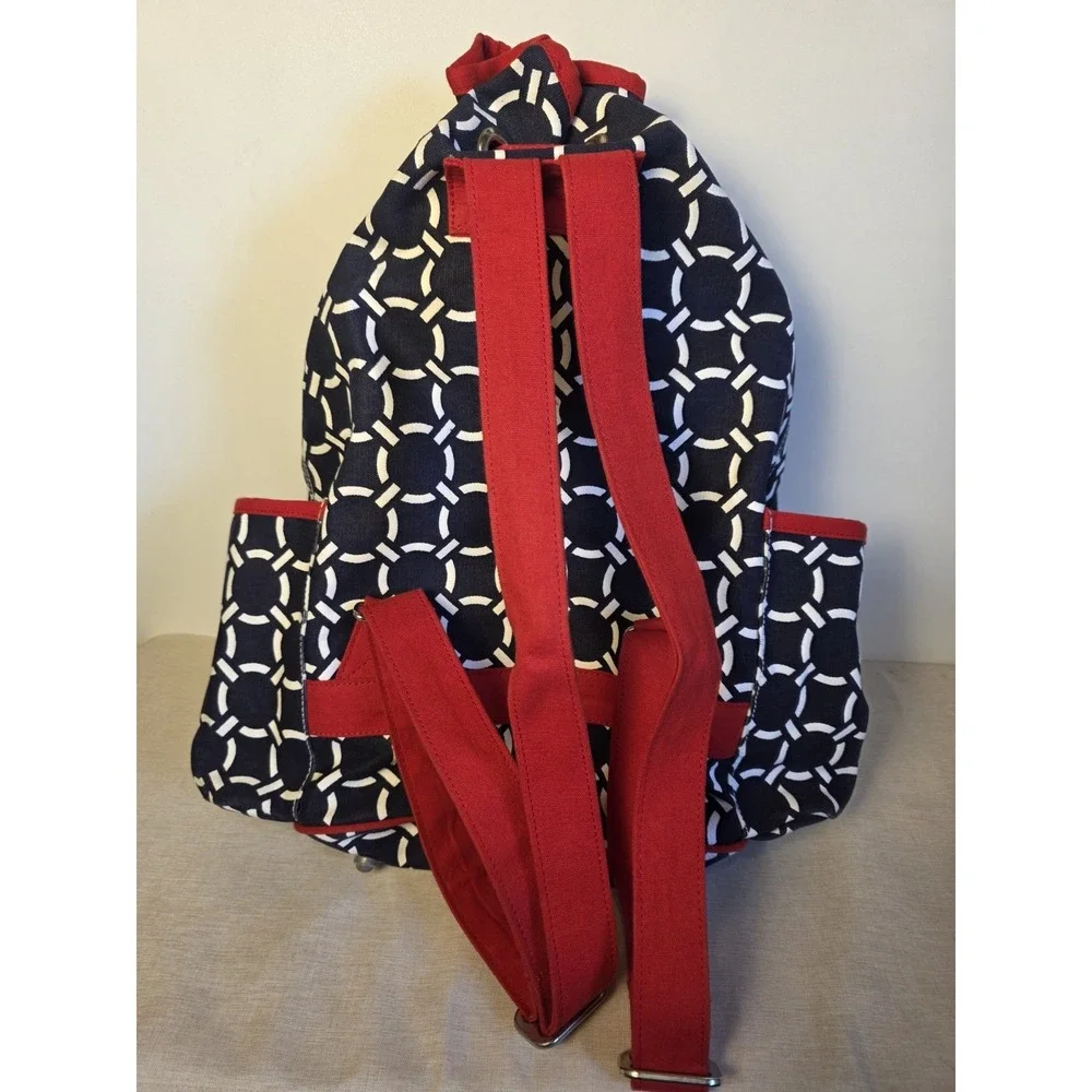 Ame & Lulu Tennis Backpack Red Navy Geometric Canvas Drawstring Large Tenniscore